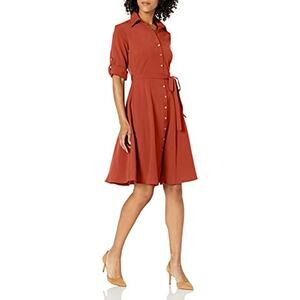 Sharagano Women's Button Front Pleated Shirt Casual Dress, Arabian Spice, 16